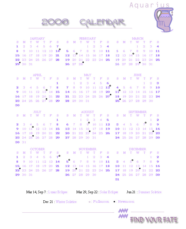 2006 Yearly Calendar - Aquarius