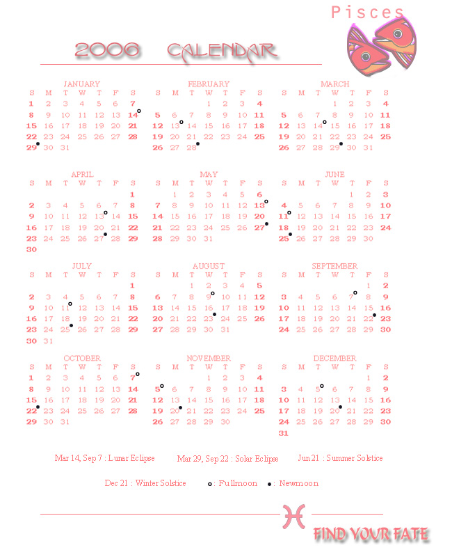 2006 Yearly Calendar - Pisces