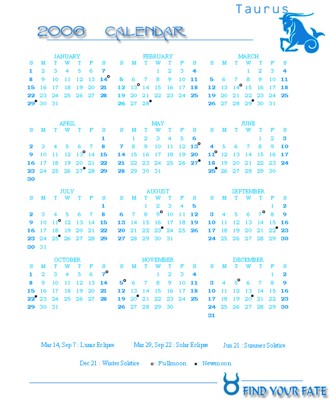 2006 Yearly Calendar - Taurus