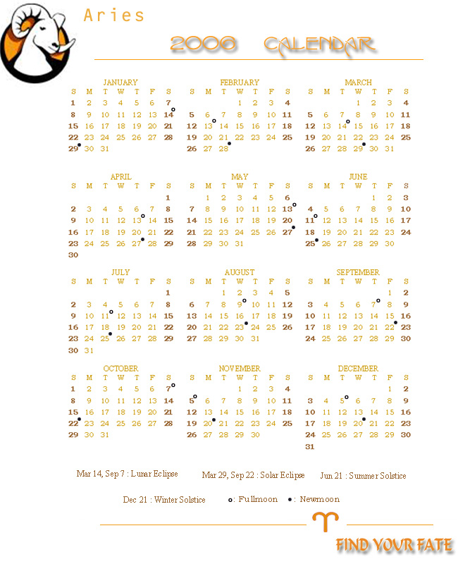 2006 Yearly Calendar - Aries
