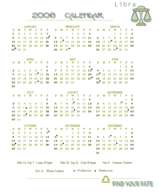 2006 Yearly Calendar - Libra