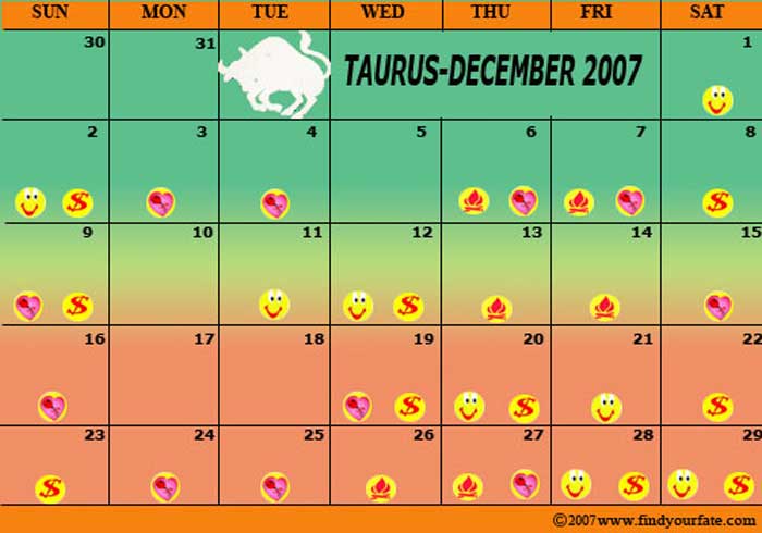 2007 December Taurus calendar