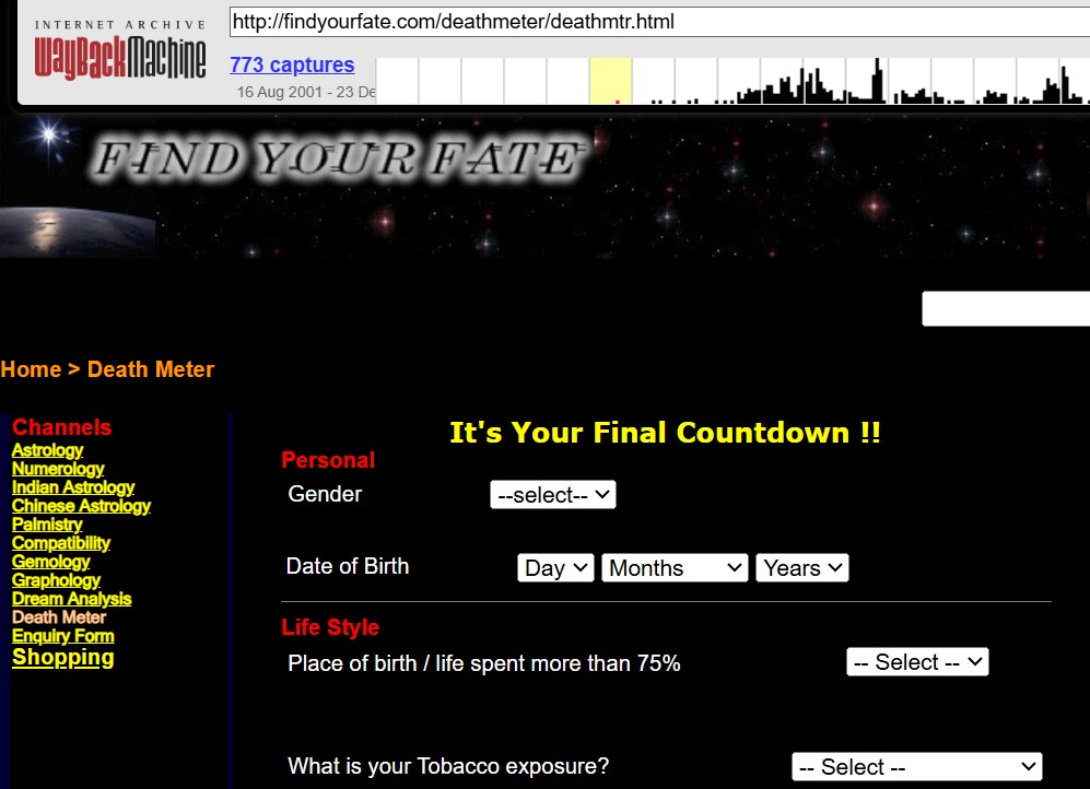 FindYourFate Death Clock in 2001