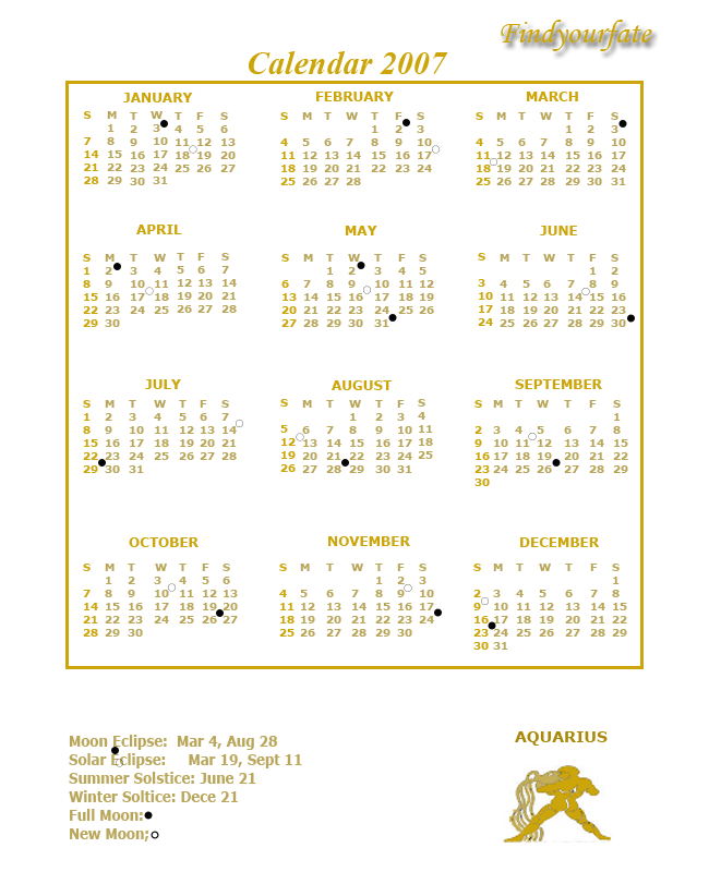 2007 Aquarius calendar