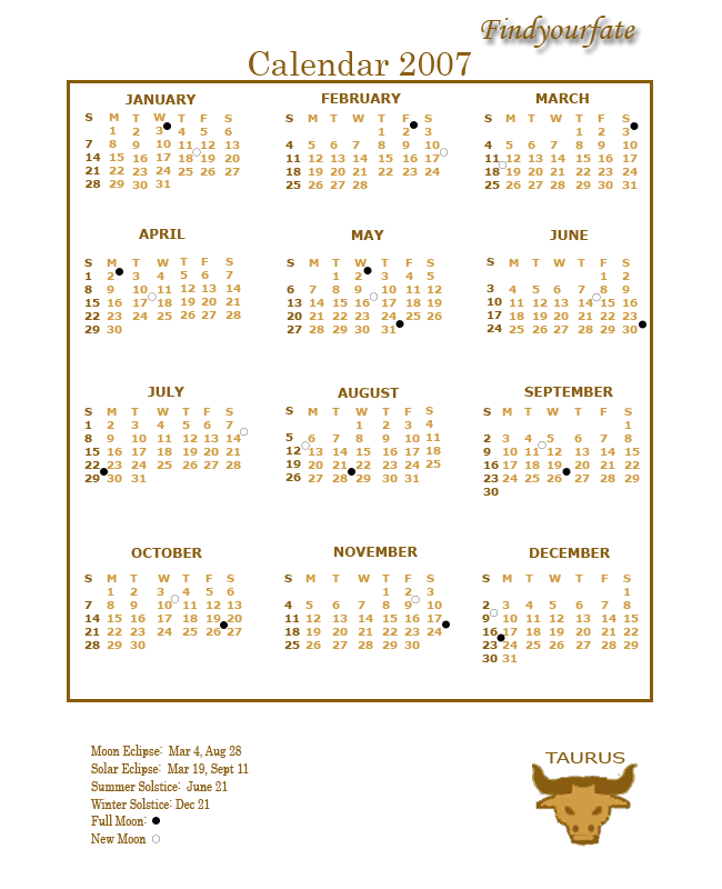 2007 Taurus calendar
